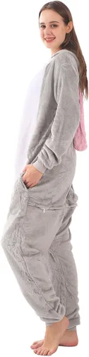 Vista 8 de LOBUJOU Pijama de una pieza para adultos, disfraz de dibujos animados de animales para mujeres y hombres, cosplay, Halloween, conejo gris