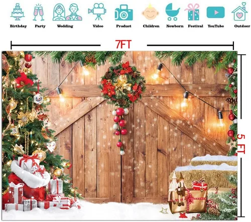 Vista 4 de Fondo de fotografía para puerta de madera de granero de Navidad de 7 x 5 pies, árbol de Navidad, regalo de nieve, fondo de fotos para fiestas de Año