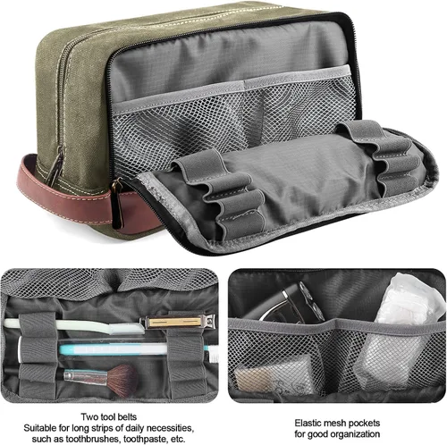 Vista 2 de Neceser de viaje para hombres y mujeres, organizador de artículos de tocador de lona resistente al agua, de cuero vegano, kit de Dopp colgante