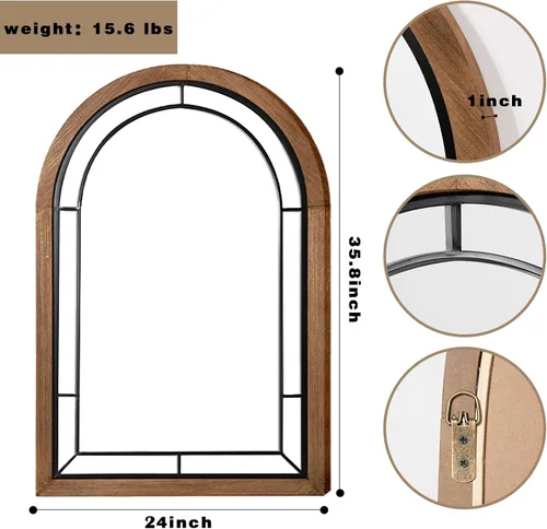 Vista 7 de Espejo de pared arqueado de 36 x 24 pulgadas, marco de madera rústica, color marrón arco Espejo con marco de madera para entrada, tocador de baño