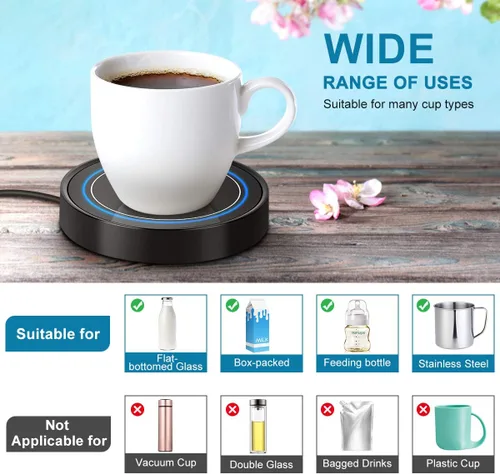 Vista 3 de Calentador de taza de café, calentadores de bebidas eléctricos para uso en escritorio de oficina y hogar, posavasos inteligente con termostato