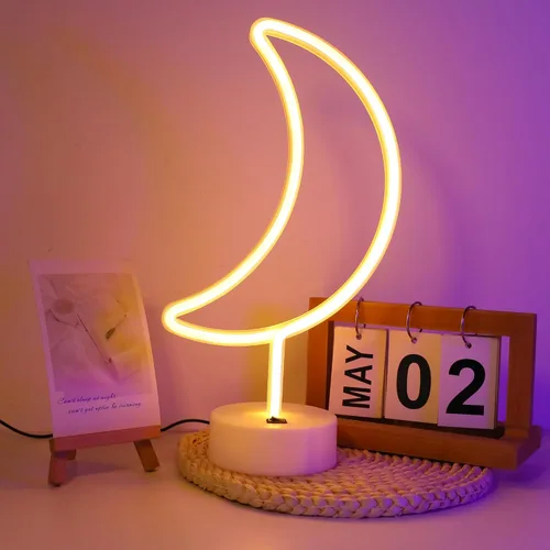 Vista 15 de ENUOLI Lámpara de luz LED de neón en forma de estrella blanca cálida con base, funciona con pilas y USB, letrero de neón LED en forma de estrella