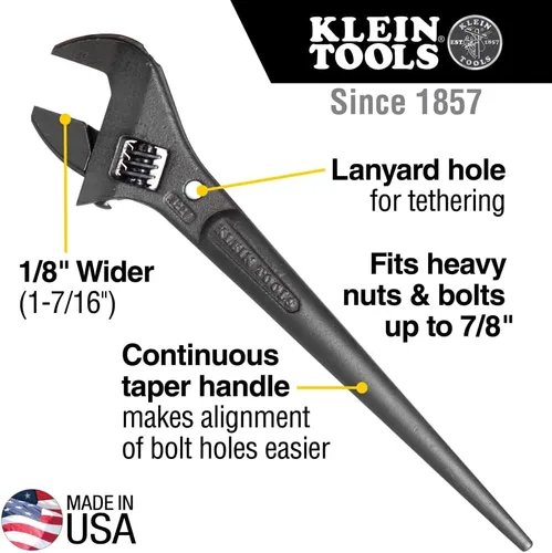 Vista 2 de Klein Tools 3227 Llave Ajustable Extra Ancha, Llave de Construcción Spud para Tuercas y Pernos de hasta 1-7/16 Pulgadas, 10 Pulgadas, con Orificio