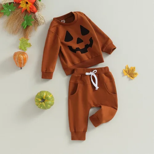 Vista 8 de Toddler Baby Boy Girls Halloween Outfit Pumpkin Face Sweatshirt Pullover Tops Pants Fall Winter Clothes Set