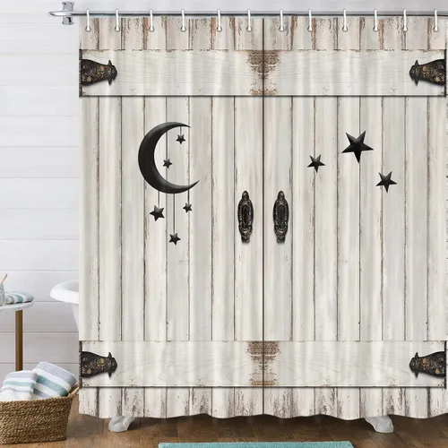 Vista 5 de JAWO Cortina de ducha con puerta de granero, de madera rústica, de madera blanca, Islam, luna creciente y estrella, cortina de ducha moderna