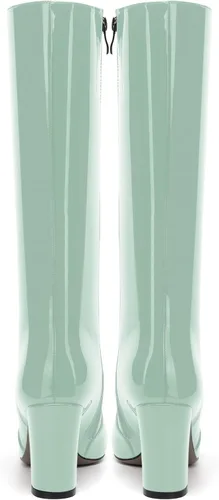 Vista 158 de AMBELIGHT Botas altas hasta la rodilla con cremallera y puntera puntiaguda para mujer, de patente sólida, tacón alto, 3.3 pulgadas