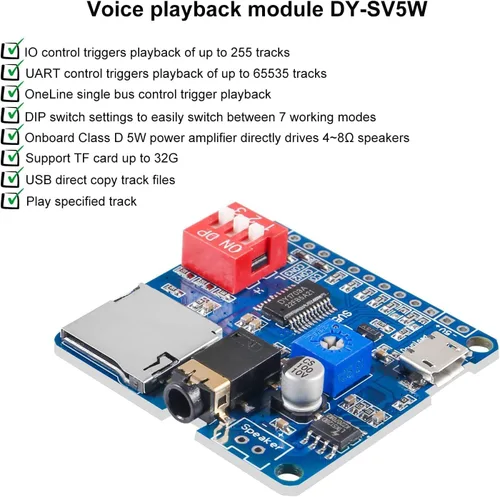 Vista 2 de Tablero de módulo de reproducción de voz, reproductor de MP3, módulo de voz de música, 5 W, 64 MBit, control serial flash, tarjeta SD/TF, disparador