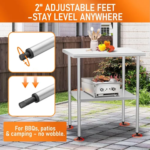 Vista 3 de Mesa de preparación y trabajo de acero inoxidable con estante ajustable y salpicadero, isla de cocina con almacenamiento, estaciones de trabajo Mesa
