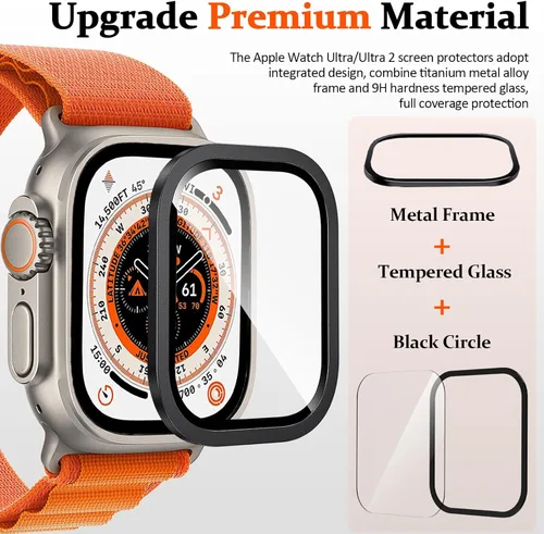 Vista 3 de Miimall Paquete de 2 protectores de pantalla de titanio para Apple Watch Ultra/Ultra 2 de 1.732 pulgadas, marco de titanio + vidrio templado