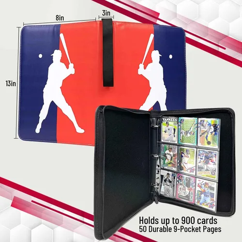 Vista 7 de Carpeta de tarjetas de béisbol con mangas, álbum de tarjetas impermeable de 3 anillos con 50 mangas, cierre de cremallera, tarjetero de gran