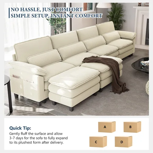 Vista 5 de Sofá de compresión modular moderno en forma de U – Sofá nube, asiento profundo de 156.3 pulgadas con 6 asientos con 2 otomanas, 4 cojines y funda