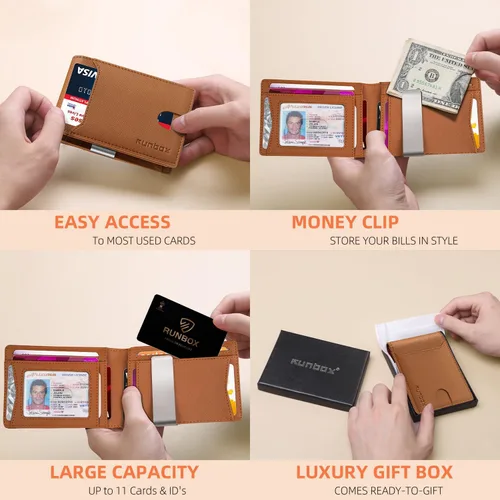Vista 150 de RUNBOX - Carteras delgadas para hombre, cartera de piel con pinza para el dinero, cartera de bolsillo frontal con bloqueo RFID, tarjetero