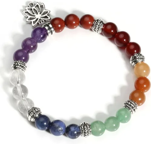 Vista 19 de Eigso Pulsera elástica de piedra de cristal de meditación curativa de 7 chakras para mujer con símbolo de loto, yoga, árbol, OM