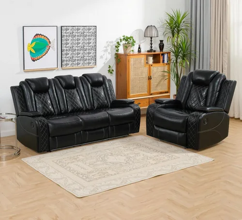 Vista 11 de Juego de sofá reclinable eléctrico con LED, juego de sofá de cuero transpirable para sala de estar, juego de sofá reclinable con puerto USB, Negro