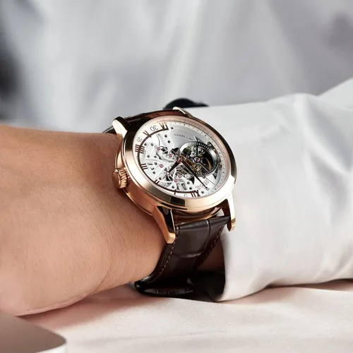 Vista 6 de OBLVLO Relojes casuales de lujo con diseño de esqueleto, oro rosa, relojes automáticos, cristal de zafiro VM-S