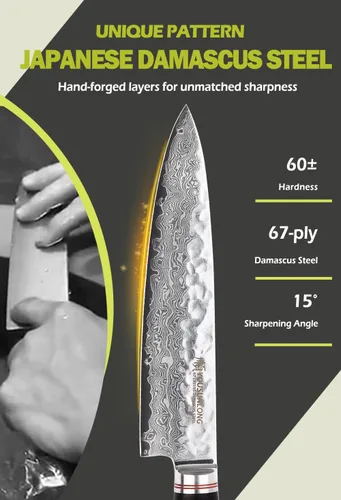 Vista 2 de YOUSUNLONG Cuchillo de chef – Cuchillos de cocina Gyuto de 8 pulgadas – Cuchillo afilado – Acero de Damasco martillado japonés – Mango de ébano