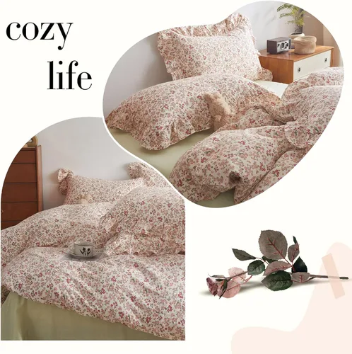 Vista 4 de HighBuy Juego de funda de edredón floral rosa, tamaño individual, de algodón, coqueta, de princesa, con volantes, con 2 fundas de almohada de encaje