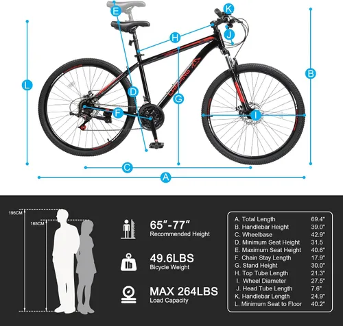 Vista 6 de Ktaxon Bicicleta de Montaña 24/26/27.5 Pulgadas para Hombres y Mujeres con Bicicletas de 21 Velocidades para Adultos, Freno de Disco Doble