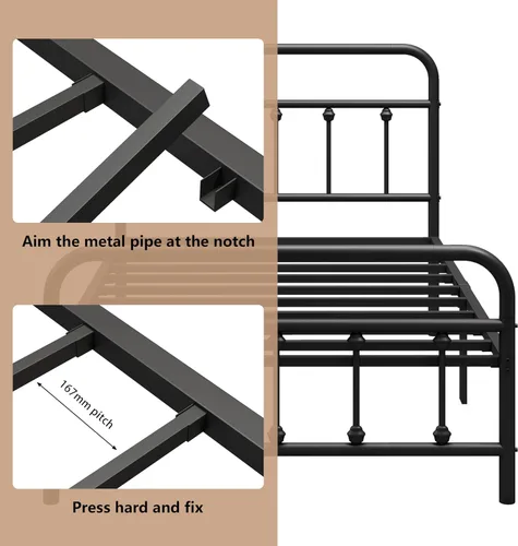 Vista 4 de Base de cama Vengarus de metal, base de cama de tamaño individual con cabecero, estructuralmente estable, listones de acero resistentes