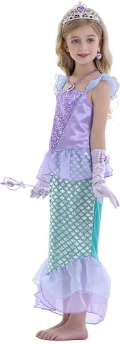 Vista 3 de HenzWorld Little Mermaid Princess Dresses for Girls Mermaid Costume Birthday Party Dress up Outfit Jewels Accessories