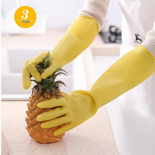 Vista 4 de 3 pares de guantes de 17.8 pulgadas de longitud con codo de goma reutilizables, impermeables, para limpieza del hogar y cocina, tamaño pequeño