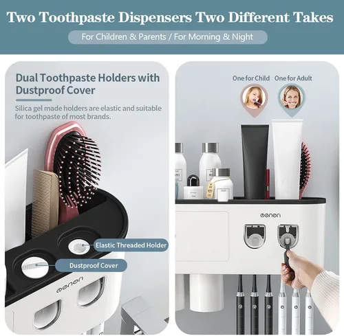 Vista 4 de Soportes para cepillos de dientes montados en la pared, soporte para cepillos de dientes con dispensadores automáticos de pasta de dientes, 6