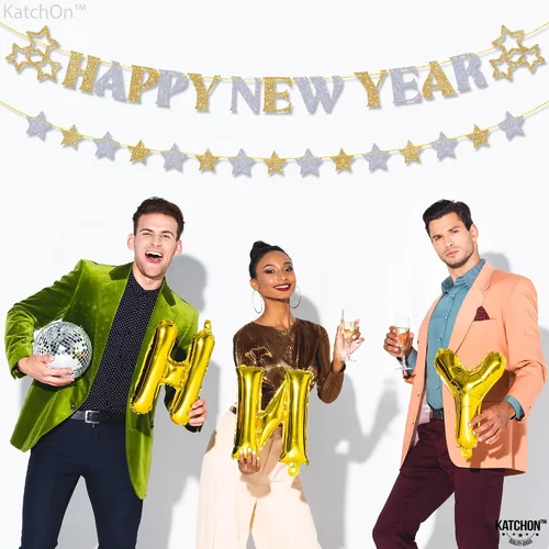 Vista 8 de KatchOn, Cartel de feliz año nuevo con purpurina – 10 pies, sin bricolaje Suministros de fiesta NYE 2026 para decoraciones de feliz año nuevo 2026