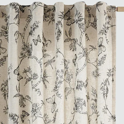 Vista 18 de JINCHAN Cortinas florales de lino para sala de estar, cortinas negras de estilo granja francesa de campo, cortinas de 63 pulgadas de largo, cortinas