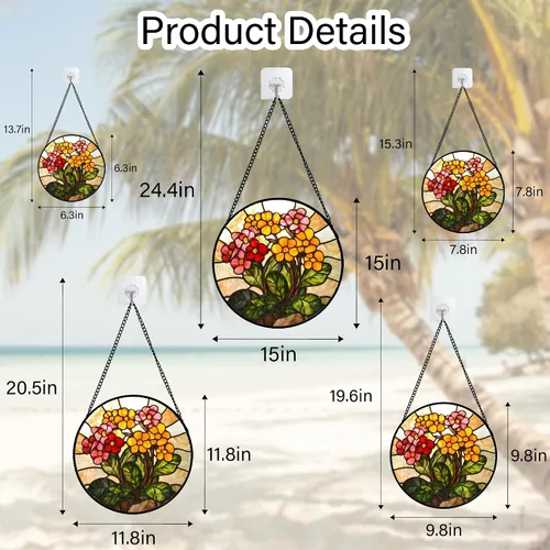 Vista 7 de Atrapasoles para colgar vidrieras, flores amarillas y rojas, para ventana, puerta, decoración del hogar, plantas verdes, atrapasoles, Navidad, Día