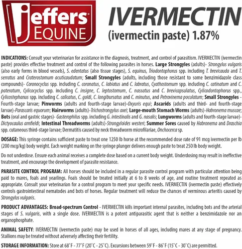 Vista 4 de Jeffers Desparasitante de gel de ivermectina 1.87% para caballos Sabor a