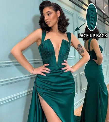 Vista 2 de Zeeyecie Vestido de fiesta de satén para mujer, vestidos largos de baile 2023, con abertura alta, cuello en V profundo, vestidos formales de fiesta