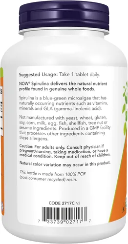 Vista 3 de Now Supplements, Orgánico, Espirulina 1,000 mg, Doble Fuerza, 240 Tabletas