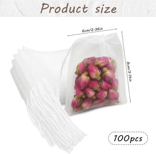 Vista 2 de 100 bolsas de té vacías desechables, bolsas de té sueltas para té de hojas sueltas, bolsas de té de malla reutilizables con cordón para café