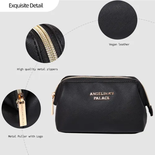 Vista 4 de Angelina's Palace Bolsa de maquillaje de viaje impermeable de cuero vegano, organizador de artículos de tocador oriental estilo retro, bolsa de Negro
