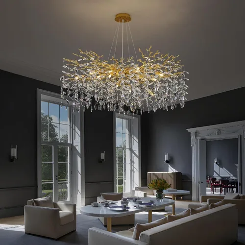 Vista 17 de Candelabro de Cristal Rama de Árbol Dorado Gota de Lluvia Redonda Lámpara Colgante con Borla Luminaria de Techo Colgante para Dormitorio Sala
