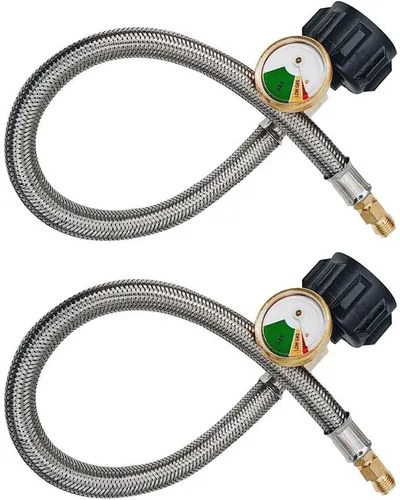 Vista 7 de METER STAR 2 mangueras de propano de 12 pulgadas (1.0 ft) de 1/4 pulgadas NPT RV Pigtail con calibre, conector de manguera trenzada de acero