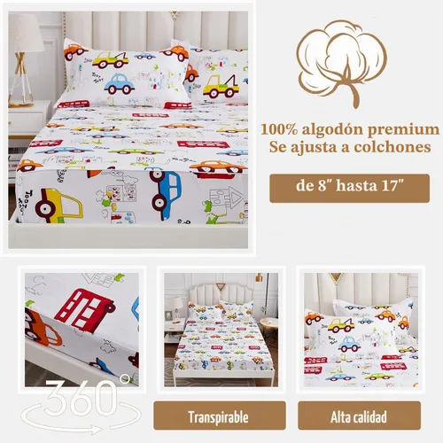 Vista 3 de Brandream Juego de sábanas de algodón de 4 piezas para niños, tamaño Queen, diseño de coches y camiones