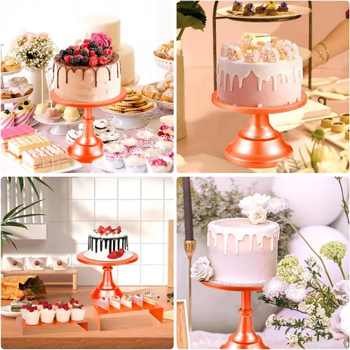 Vista 6 de Juego de 6 soportes para tartas, soportes de metal naranja para fiestas, mesa de postres, soporte redondo de 3 tamaños para tartas con soportes
