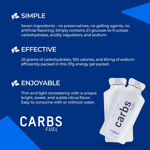 Vista 2 de Geles de Energía Originales Carbs Fuel 24 Gel 25g de Carbohidratos, 100 Calorías por Gel Sin Conservantes ni Agentes Gelificantes Sabor Ligero