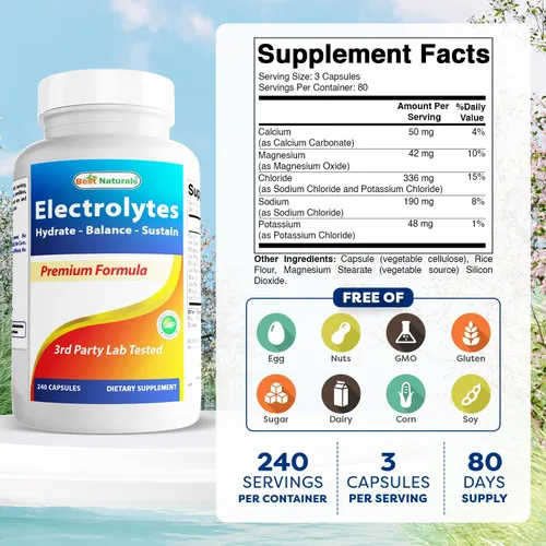Vista 2 de Best Naturals Electrolytes Hydrate-Balance- Sustain Premium Formula 240 Cápsulas. Sin gluten y sin OMG.