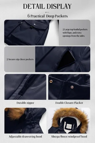 Vista 7 de Chrisuno Parka de invierno para mujer, forro polar suave, con cordón y capucha de piel sintética