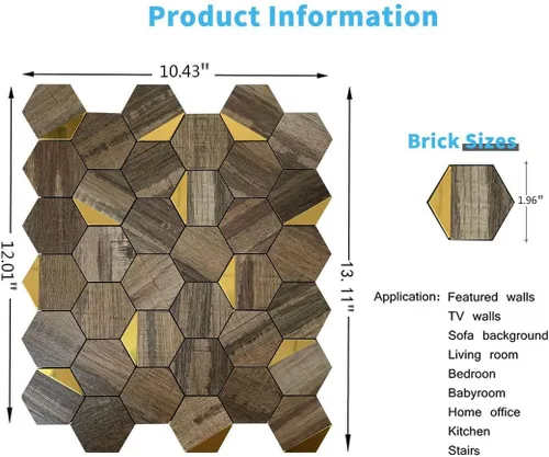 Vista 2 de Azulejos de pared de PVC para cocina, baño, adhesivo de aluminio hexagonal autoadhesivo, 12 x 10.4 x 0.15 pulgadas (10, madera marrón y dorado)