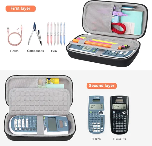 Vista 2 de Canboc Funda de transporte para calculadora científica Texas Instruments TI-30XS/TI-36X Pro MultiView, bolsa de malla para cable, baterías, Negro