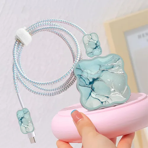 Vista 6 de Lindos protectores de cable para cargador de iPhone, diseño de mármol lujoso, cable de datos, cargador USB, línea de datos, protector de cable