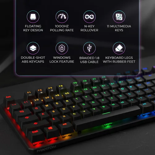 Vista 5 de TECWARE Teclado mecánico para juegos Phantom de 87 teclas RGB Interruptor rojo Outemu Iluminación LED de color de 16.8 M 18 preestablecidos Baja