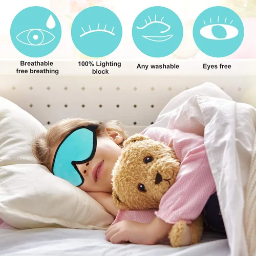 Vista 2 de 2 Piezas Máscara de Dormir 3D para Niños de Espuma Viscoelástica Contorneada para los Ojos, Cubierta de Ojos para Dormir de Viaje con Correa