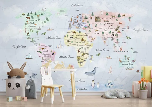 Vista 6 de Murwall Papel pintado para niños con mapa del mundo educativo para niños