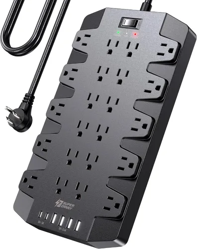 Vista 11 de Protector de sobretensiones de regleta de alimentación de 45 W con PD USB-C, SUPERDANNY 1875W/15A, 2100J, cable de extensión de montaje de enchufe