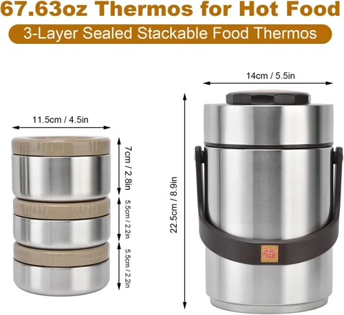 Vista 5 de Tarro de comida para alimentos calientes para adultos, contenedor de comida caliente, caja de almuerzo aislada, 67 onzas de acero inoxidable