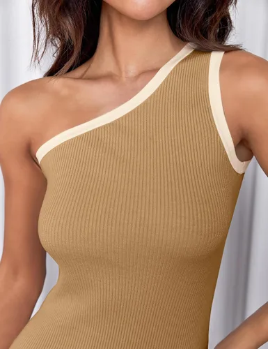 Vista 5 de ZESICA Vestido midi ajustado de verano con un hombro descubierto para mujer, casual, sin mangas, de punto acanalado, con abertura lateral
